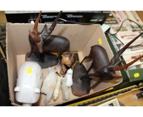 A BOX OF ANIMAL FIGURES TO INCLUDE A NAO POLAR BEAR CUB, A PAIR OF TREEN ANTELOPE FIGURES, POCKET CALCULATOR ETC