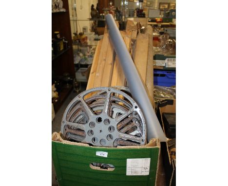 A BOX OF VINTAGE FILM REEL SPOOLS, PICTURE FRAMING LENGTHS ETC. 