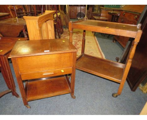 A VINTAGE OAK SEWING BOX ON CASTORS, W-51 CM WITH A TROLLEY (2)