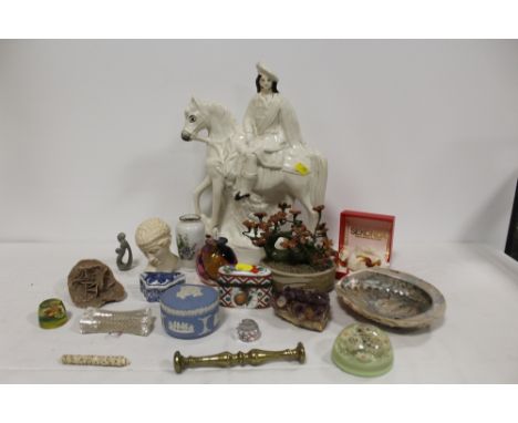 A STAFFORDSHIRE STYLE FIGURE OF A MAN ON HORSEBACK TOGETHER WITH  A SET OF ANTIQUE BRASS FIRE IRONS, BASKET OF CERAMICS AND C