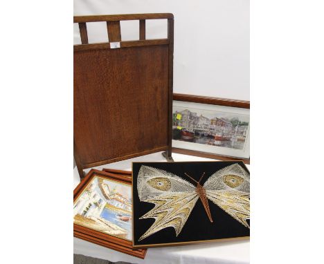 A COLLECTION OF PICTURES ETC. TO INCLUDE A PAIR OF OIL ON CANVASES, BUTTERFLY WOOLWORK PICTURE, MIRROR, FIRESCREEN ETC. 