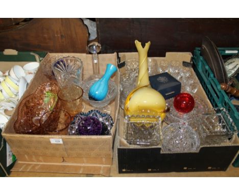 TWO TRAYS OF ASSORTED GLASSWARE TO INCLUDE A LARGE YELLOW STUDIO GLASS VASE, GLASS PAPERWEIGHTS, THOMAS WEBB CRYSTAL DRINKING