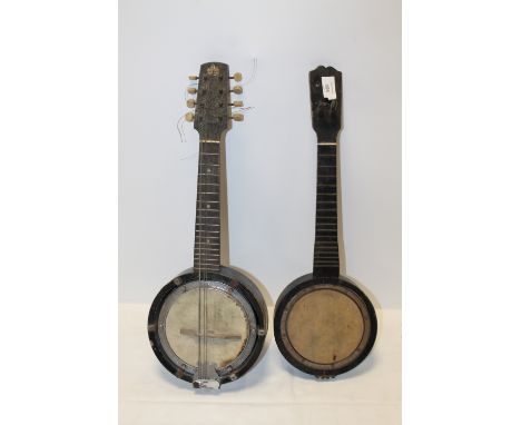 TWO VINTAGE BANJOLELES TO INCLUDE AN 8 STRING EXAMPLE MARKED G.H&amp;S  - AS FOUND 