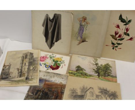 A QUANTITY OF VINTAGE AND ANTIQUE UNFRAMED WATERCOLOURS, PENCIL DRAWINGS AND PRINTS ETC.