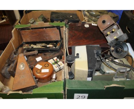 TWO TRAYS OF VINTAGE COLLECTABLES TO INCLUDE A REFULGENT MAGIC LANTERN LAMP, METRONOME, PLAYING CARDS, PLANE ETC. 