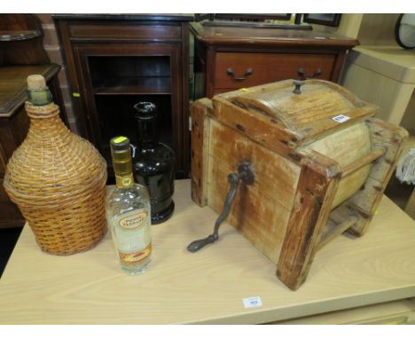 A VINTAGE BUTTER CHURN TOGETHER WITH THREE VINTAGE GLASS BOTTLES (4)