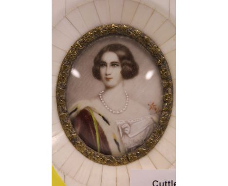 A SMALLER FRAMED AND GLAZED HAND PAINTED MINIATURE PORTRAIT STUDY OF A LADY MARKED 'KONIG MUTTER MARIA VON BAYERN' 'N.J. STIE