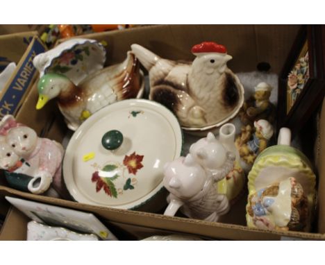 THREE TRAYS OF ASSORTED CERAMICS TO INCLUDE BOXED WOODLAND TALES FIGURES, AYNSLEY, WADE NATWEST PIGGY BANK ETC. 