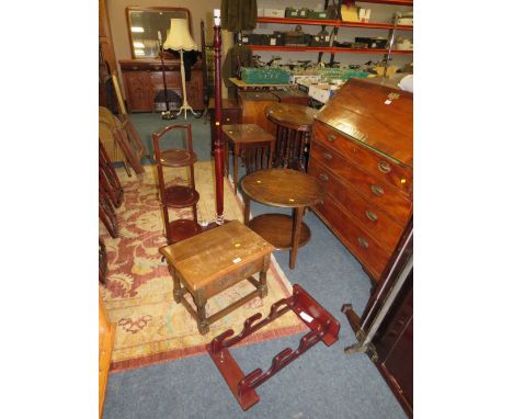 A VINTAGE OAK SEWING BOX AND AN OAK CIRCULAR TABLE TOGETHER WITH A STANDARD LAMP, DUMB WAITER AND PLATE RACK (5)