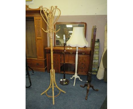 THREE VINTAGE STANDARD LAMPS AND A BAMBOO COAT STAND (4)