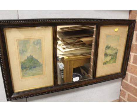 A VINTAGE WALL MIRROR FLANKED BY PRINTS OVERALL SIZE -43CM X 83CM 