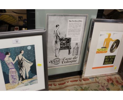 A PAIR OF FRAMED AND GLAZED EAU DE COLOGNE PRINTS, TOGETHER WITH TWO ART DECO STYLE PRINTS AND A DUNLOP PRINT (5) 