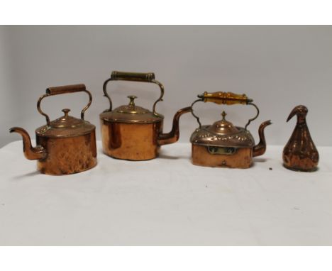THREE VINTAGE COPPER KETTLES, TOGETHER WITH A 'BIRD FUNNEL' 