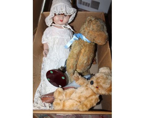TWO BOXES OF VINTAGE DOLLS AND TEDDY BEARS ETC. 
