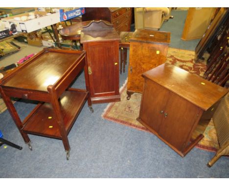 A VINTAGE WALNUT POT CUPBOARD TOGETHER WITH A MAHOGANY EXAMPLE, SERVING TROLLEY AND TWO DOOR CABINET (4)