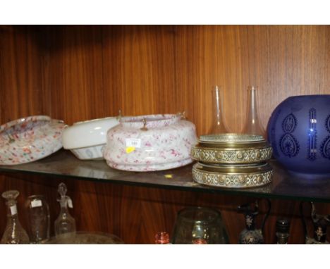 TWO VINTAGE MOTTLED GLASS CEILING LIGHT SHADES, TOGETHER WITH ANOTHER AND A COLLECTION OF OIL LAMP ACCESSORIES TO INCLUDE A P