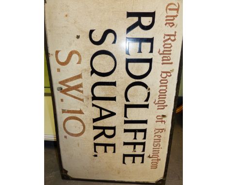A VINTAGE LONDON BOROUGH OF KENSINGTON METAL STREET SIGN REDCLIFFE SQUARE SW10.     54 x 93cms.