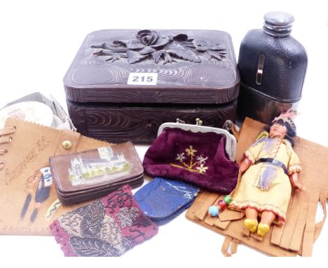 A BLACK FOREST CARVED BOX TOGETHER WITH A NORTH AMERICAN DOLL AND VARIOUS VINTAGE POUCHES AND PURSES, ETC. 