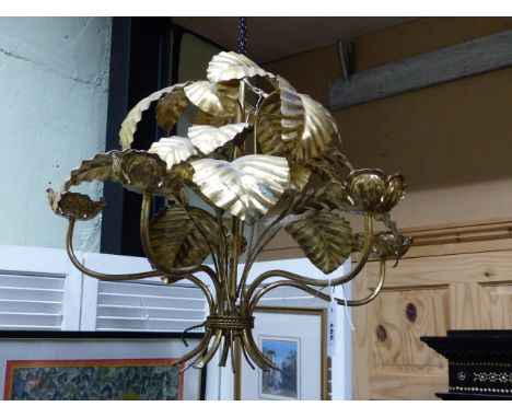 A VINTAGE GILT METAL LEAF FORM FIVE LIGHT CHANDELIER.