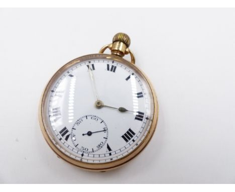 A 9ct GOLD SWISS MADE MANUAL WOUND OPEN FACE POCKET WATCH. HALLMARKED CHESTER. 