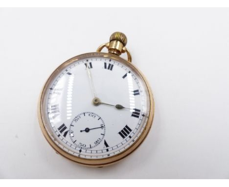 A 9ct GOLD SWISS MADE MANUAL WOUND OPEN FACE POCKET WATCH. HALLMARKED CHESTER. 