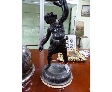 AN ITALIAN GRAND TOUR BRONZE FIGURAL LAMP IN THE FORM OF A STANDING CLASSICAL BEARDED GENTLEMAN HOLDING A SERPENT COMPLETE WI