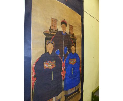 A LARGE CHINESE ANCESTOR PORTRAIT OF THREE FIGURES, WATERCOLOUR ON PAPER AND MOUNTED AS A SCROLL.