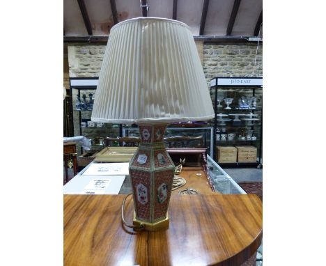 A FAMILLE ROSE HEXAGONAL VASE DECORATED WITH FLORAL PANELS MOUNTED AS A LAMP.     OVERALL H. 46cms.