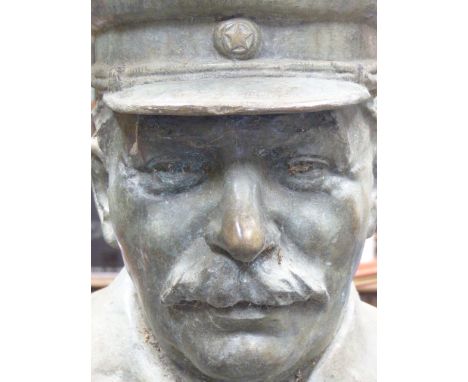 20th.C. RUSSIAN SCHOOL. AN OVER LIFE SIZE BRONZE BUST OF JOSEPH  STALIN.     H. 54cms.