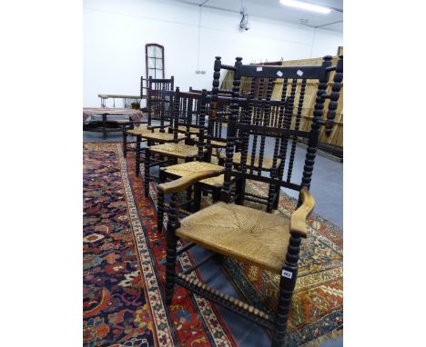 A SET OF 19th.C.ARTS AND CRAFTS BOBBIN TURNED DINING CHAIRS IN THE MANNER OF GIMSON TO INCLUDE SIX SIDE CHAIRS AND TWO ARMCHA