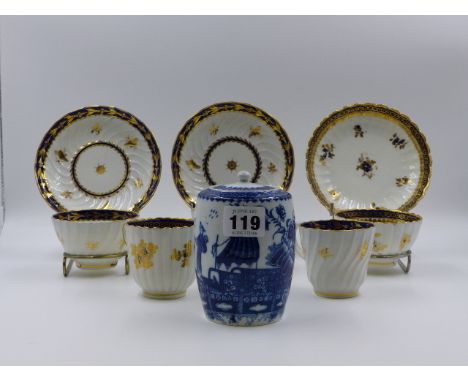 A CAUGHLEY BLUE AND WHITE TEA CADDY WITH COVER DECORATED WITH THE LONE FISHERMAN PATTERN.   12cms. HIGH AND A CAUGHLEY TRIO W
