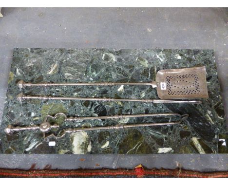 A SET OF GEORGIAN POLISHED STEEL FIRESIDE TOOLS WITH SHAPED KNOP FINIALS.