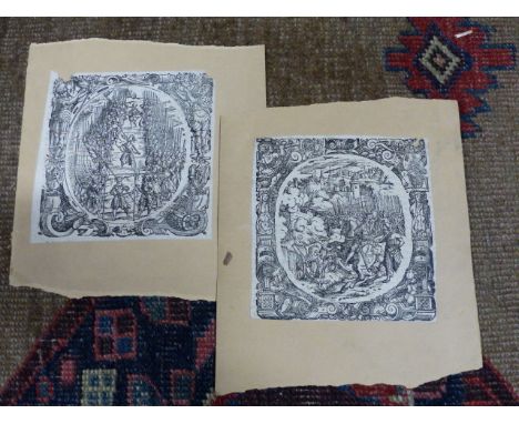FOUR EARLY OLD MASTER PRINTS OF MILITARY SUBJECTS LAID ON CARD.   14 x 13.5cms.