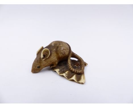 A JAPANESE CARVED IVORY NETSUKE IN THE FORM OF A MOUSE SITTING ON A FAN.