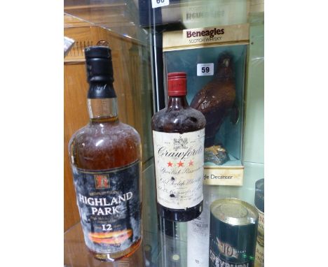 WHISKEY, ONE BENEAGLES CONTAINED IN EAGLE DECANTER, ONE HIGHLAND PARK AND ONE CRAWFORDS.