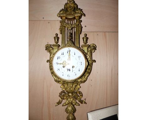 A 19th.C.FRENCH ORMOLU CARTEL WALL CLOCK WITH 15cms WHITE ENAMEL DIAL AND STRIKING MOVEMENT.   APPROX.H.67cms.
