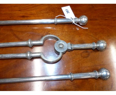 A LARGE SET OF GEORGIAN STEEL FIRESIDE TOOLS WITH RING KNOPS TO SHAFT AND BALL FINIALS.   POKER L.82cms.