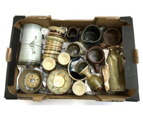 A large box of studio pottery to include Leach, Lamorna etc 