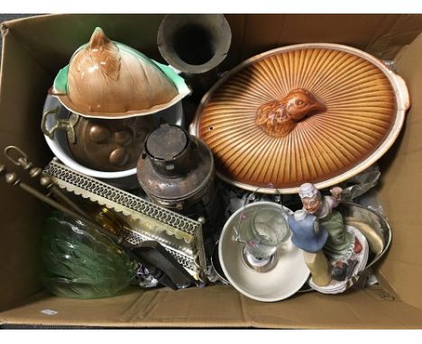 A mixed lot of items, to include casserole dish, ceramic chamberpot, several metal items to include a lantern, etc 