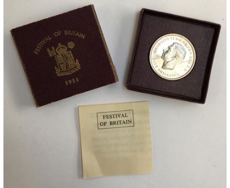 A Festival of Britain 1951 silver five shilling coin, in presentation box with leaflet 