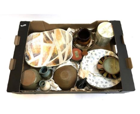 A box of studio pottery including Leach St Ives, Winchcombe, Eric Leaper, etc. and Jessie Tate Monaco Midwinter plates 