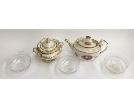 A gilt and white teapot, lidded tureen, and three cut glass finger bowls 