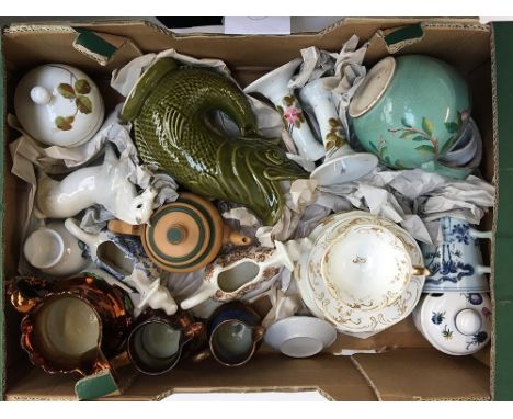 A mixed lot to include lustre jugs, a Chinese teapot, Dartmouth 'Gurgle' fish jug, Crown Devon creamers etc 