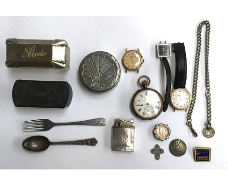 A mixed lot to include a small lacquered box, a glass dressing table stud pot, powder pot with shell design, two Sekonda watc