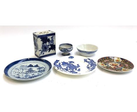 A selection of blue and white ceramics, to include an unusual flower holder (af), marks to base, 13cmH, a small teapot, three