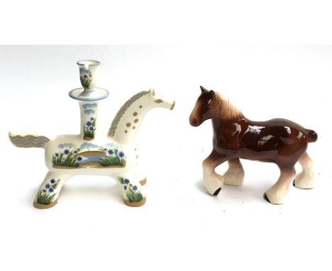 An unusual Russian ceramic vinegar holder in the form of a horse decorated with a floral scene (af), 27.5cmH, together with a