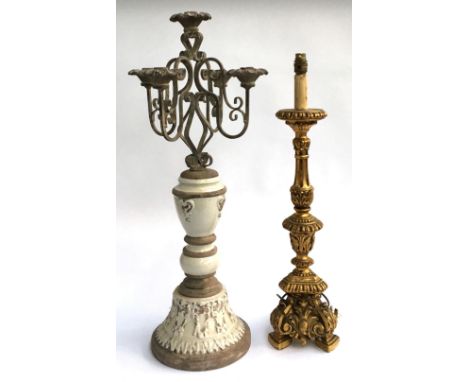A large ceramic and metal candelabra, 78cm high; together with a gilt altar style lamp 