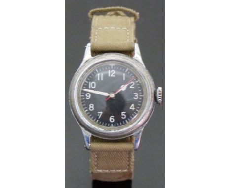 Bulova A-11 gentleman's military wristwatch with cream hour and minute hands and Arabic numerals, red seconds hand, black fac