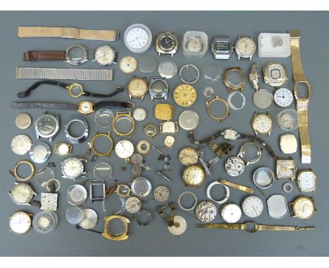 A collection of wristwatches, wristwatch parts and pocket watch movements, including Seiko, Timex, Ingersoll etc