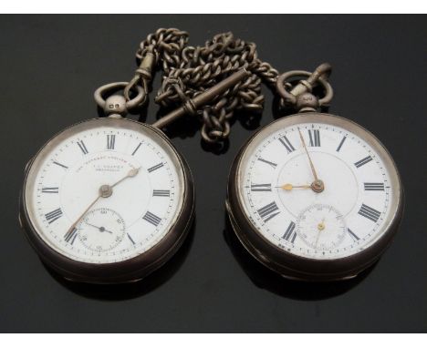 Two Victorian hallmarked silver cased gentleman's pocket watches, both with white enamel dials, Roman numerals and subsidiary